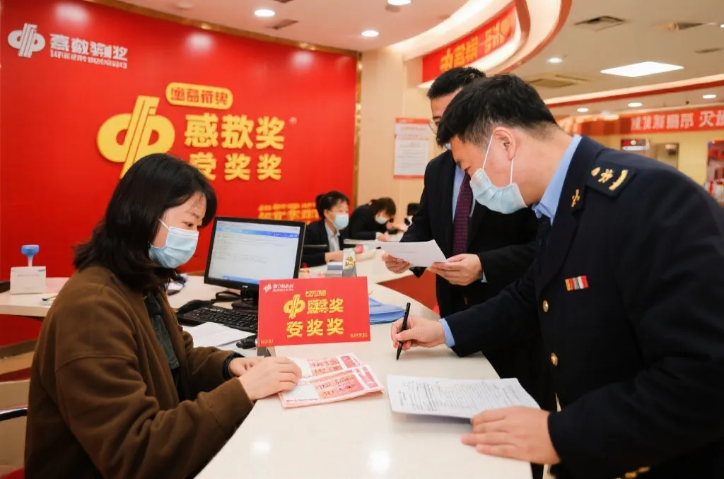 中奖者在兑奖大厅办理兑奖手续,氛围严谨